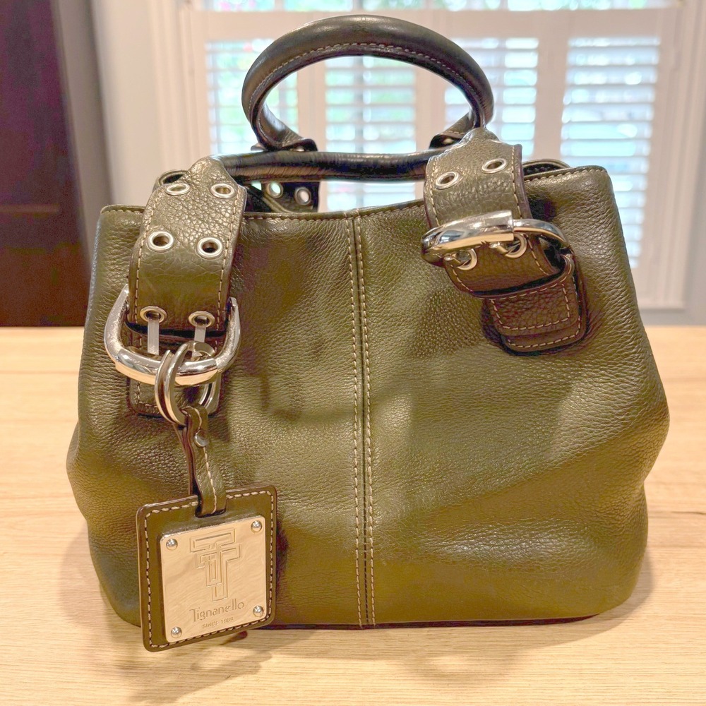 Tignanello Olive Green Pebbled Leather Satchel Buckle Handbag Silver Hardware